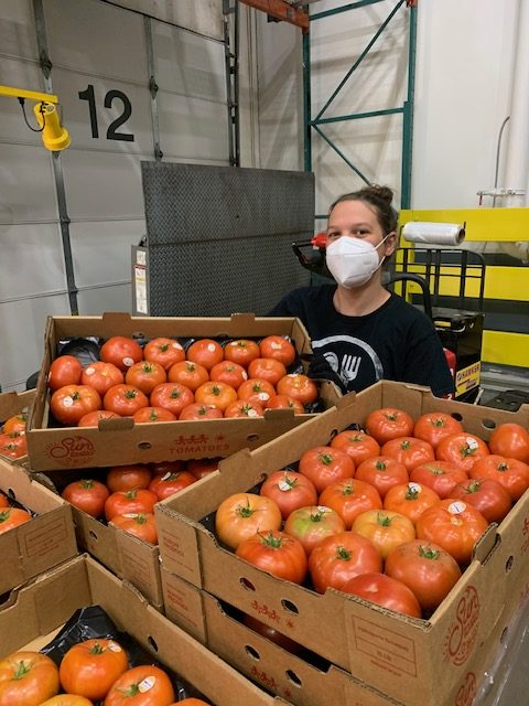 A we don't waste staff member stands begind a pallet of tomatoes
